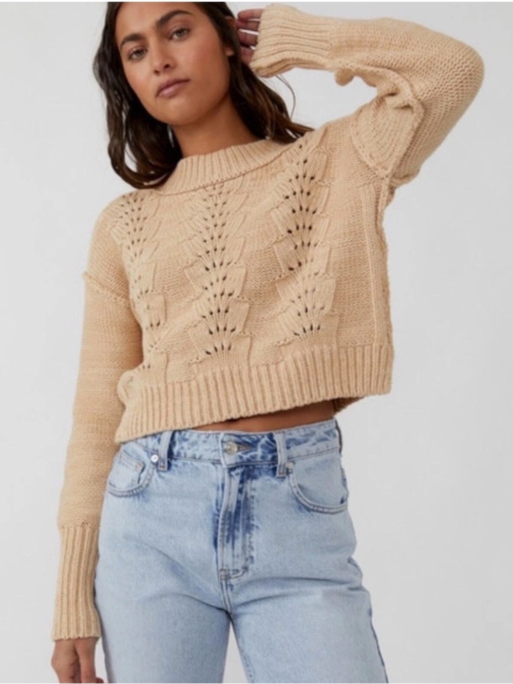 Free People Cozy Cable Knit Crop Sweater - Cream